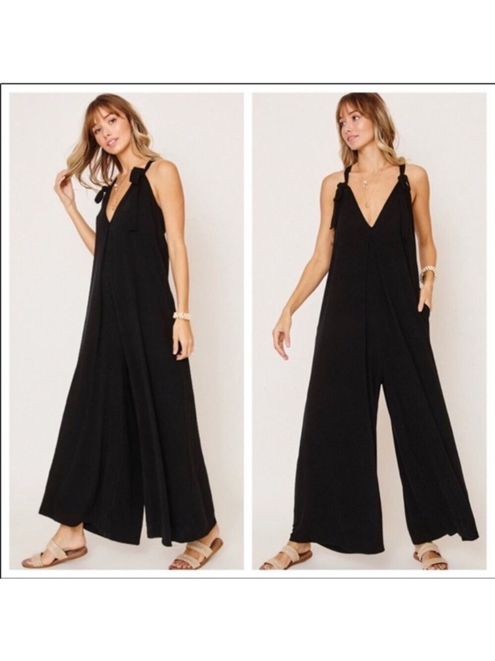 NEW NoTag Ces Femme Black Wide Leg Jumpsuit Romper Made in USA Womens Size Large